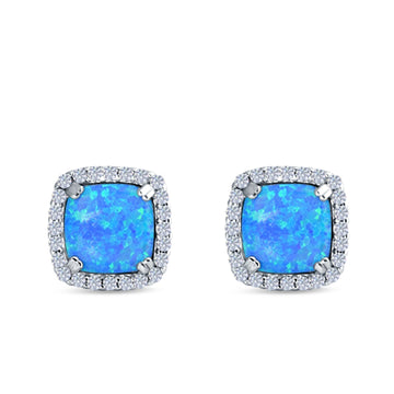 Halo Cushion Lab Created Blue Opal Round CZ Stud Earrings 925 Sterling Silver (11mm)